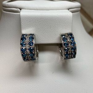 London Blue Topaz Earrings with White Topaz Sterling Silver Huggie Style‎ EUC